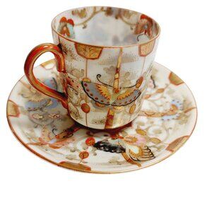 Vintage 1930s Butterfly Teacup & Saucer Set Japanese Eggshell Porcelain Miniatur